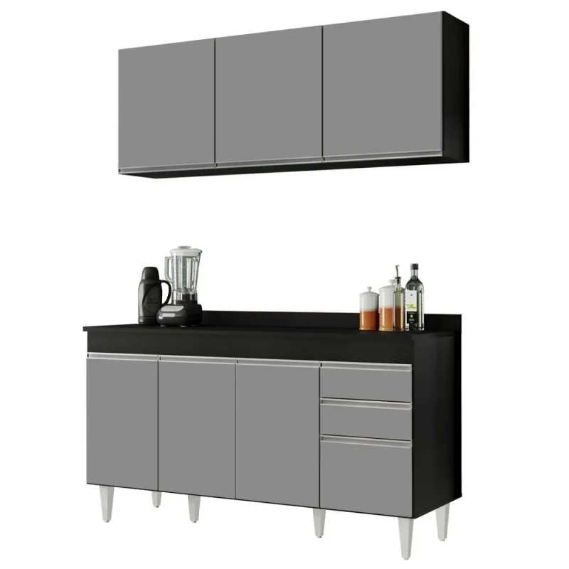 Armário Aéreo Argélia E Balcão Gabinete 150cm Marrocos Preto/cinza - Lumil Móveis - OUTRAS