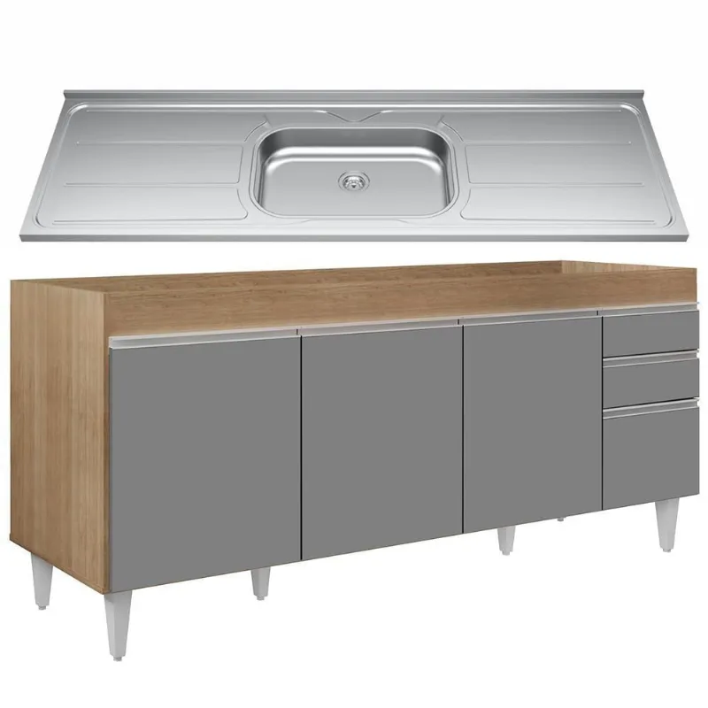 Balcão Gabinete Com Pia 180cm Dallas Castanho-cinza - Lumil
