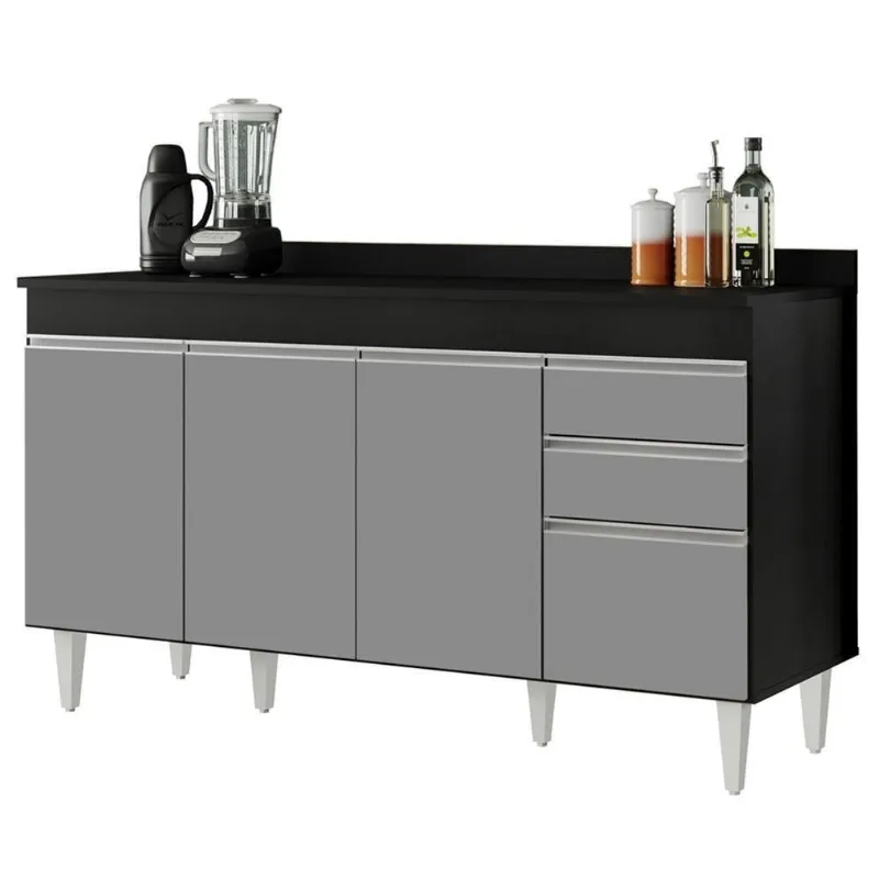 Balcão Gabinete Com Tampo 150Cm Marrocos Preto/Cinza - Lumil