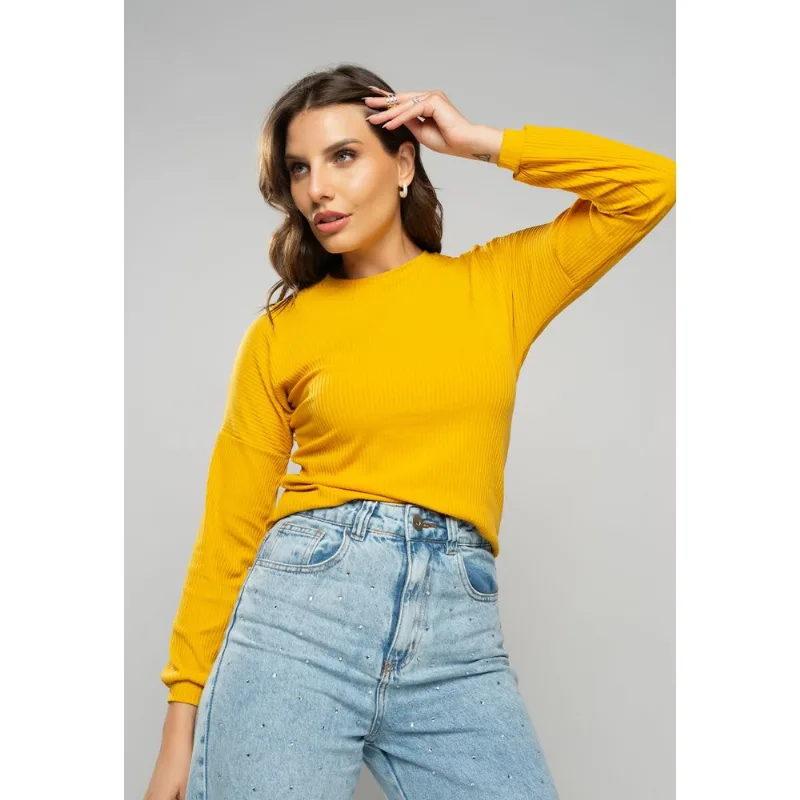 Blusa Morcego Gola Canoa Manga Longa Canelada Mostarda Salvatore Tamanho G