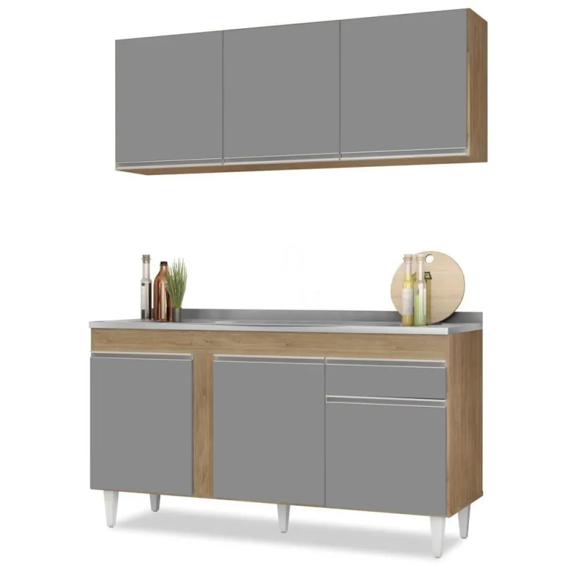 Armário Aéreo Argélia E Balcão Gabinete Com Pia Inox 150cm Dakota Castanho-cinza - Lumil - OUTRAS