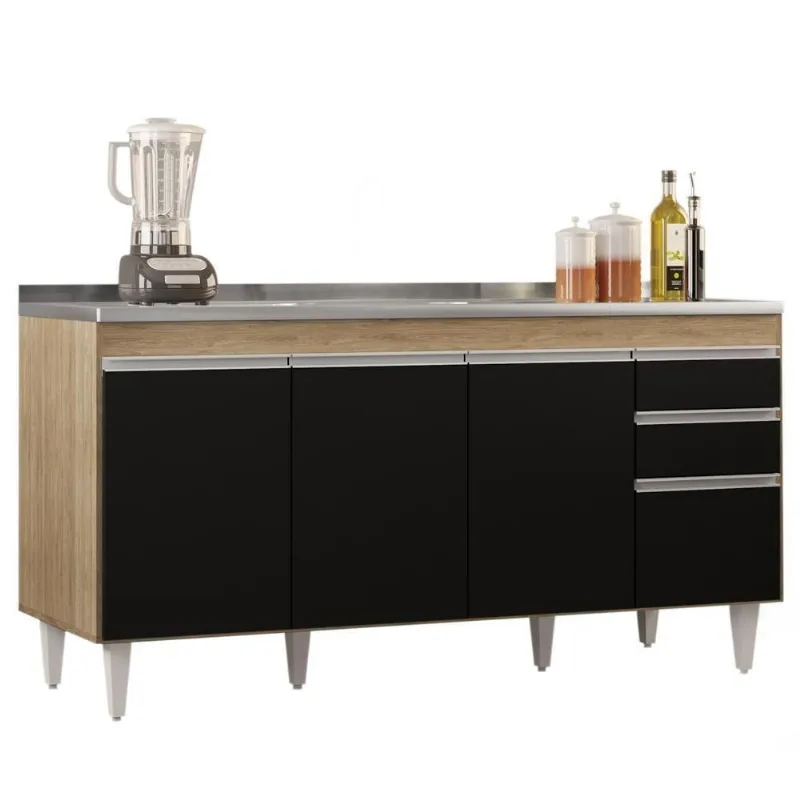 Balcão Gabinete Com Pia Inox 160cm Arkansas Castanho-preto - Lumil