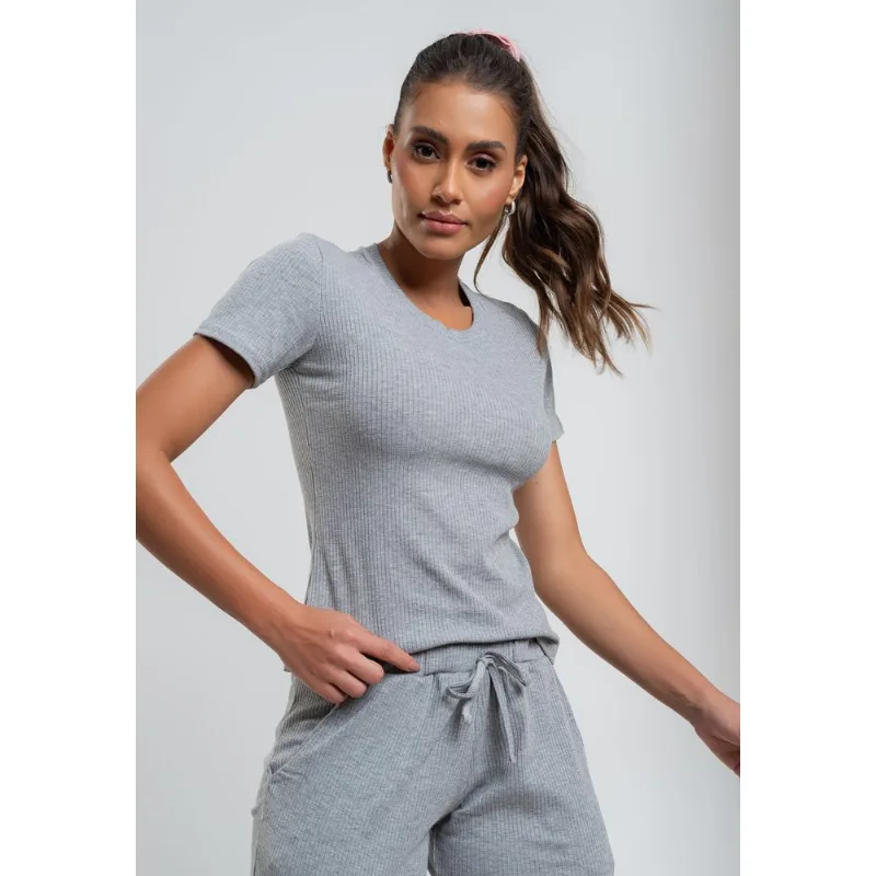 Blusa Comfy Básica Manga Curta Malha Canelada Mescla Salvatore Tamanho G