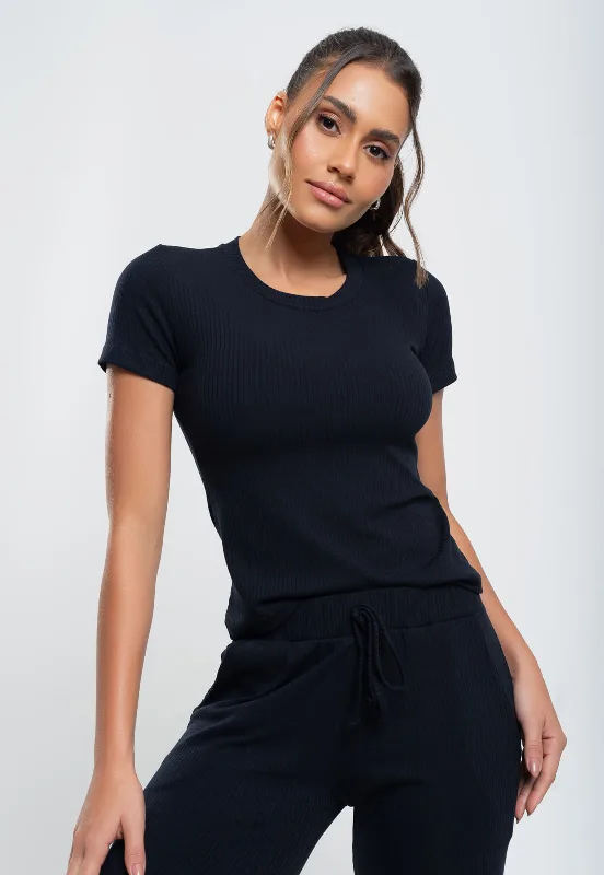 Blusa Comfy Básica Manga Curta Malha Canelada Preta Salvatore Tamanho G