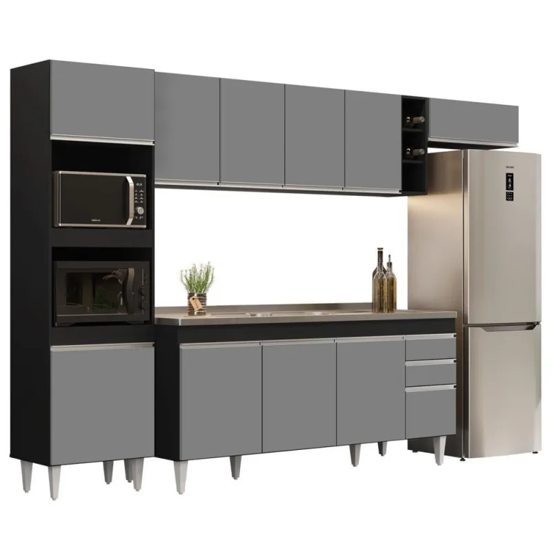 Armário De Cozinha Modulada 5 Peças Cp18 Balcão Com Pia Inox Preto-cinza - Lumil - OUTRAS
