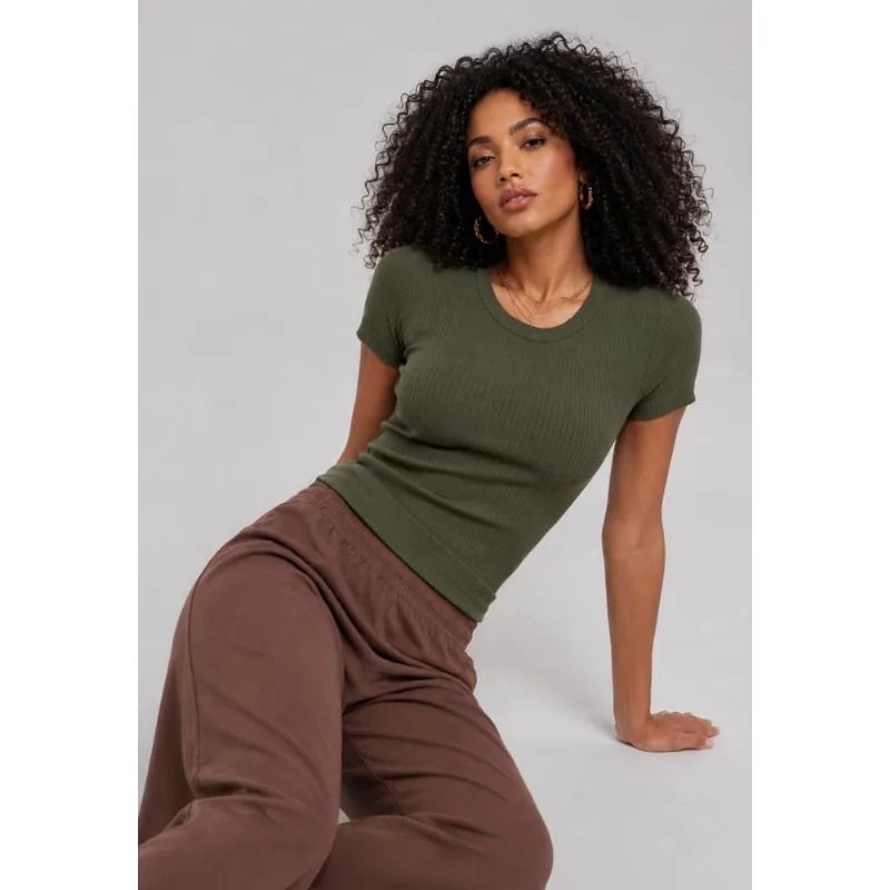 Blusa Comfy Básica Manga Curta Malha Canelada Verde Salvatore Tamanho M