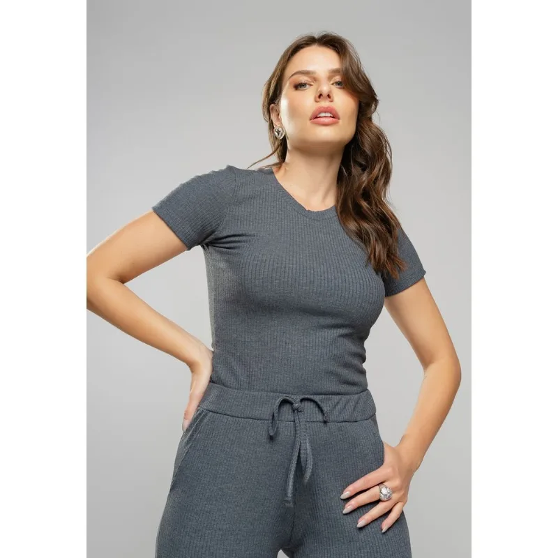 Blusa Comfy Básica Manga Curta Malha Canelada Grafite Salvatore Tamanho P
