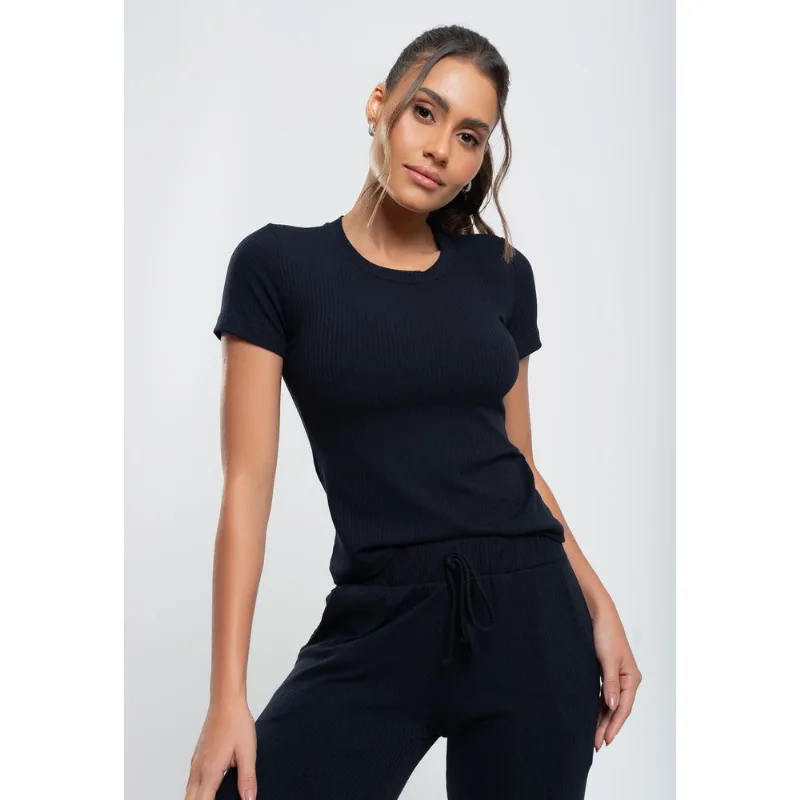 Blusa Comfy Básica Manga Curta Malha Canelada Preta Salvatore Tamanho P