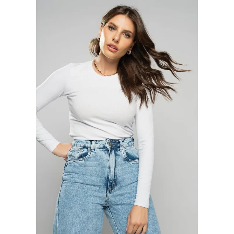 Blusa Básica Manga Longa e Gola Redonda Canelada Branco Salvatore Tamanho M