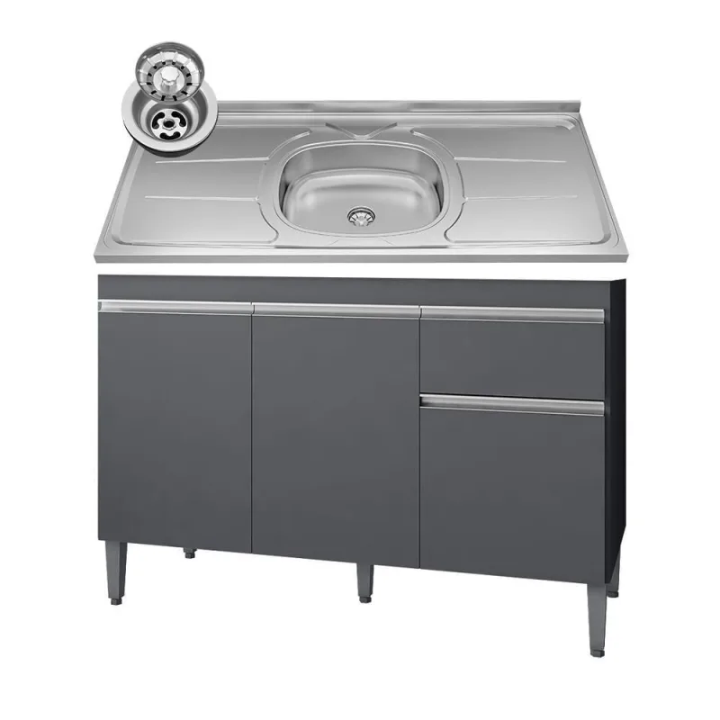 Balcão Gabinete Com Pia Inox 120cm 3 Portas E 1 Gaveta Tatiane Cinza - Ajl Móveis - OUTRAS