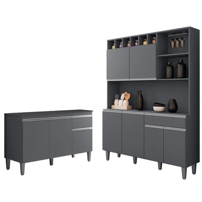 Cozinha Compacta Alice Tatiane 9 Portas 2 Gavetas MDF 130cm Cinza - OUTRAS - Agro