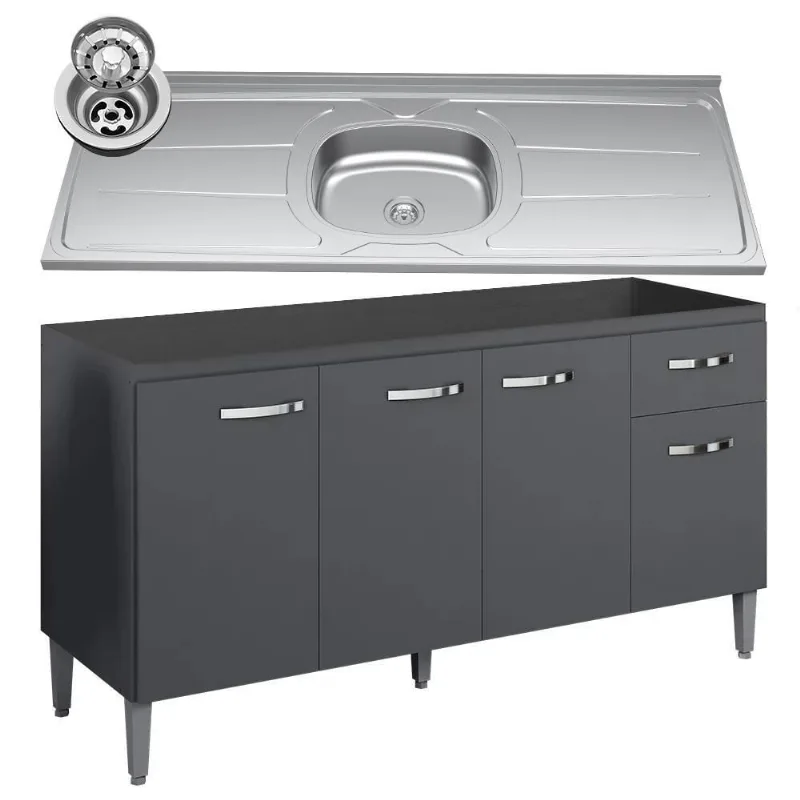Balcão Gabinete Com Pia Inox 150cm 4 Portas E 1 Gaveta Gabriela Preto - Ajl Móveis