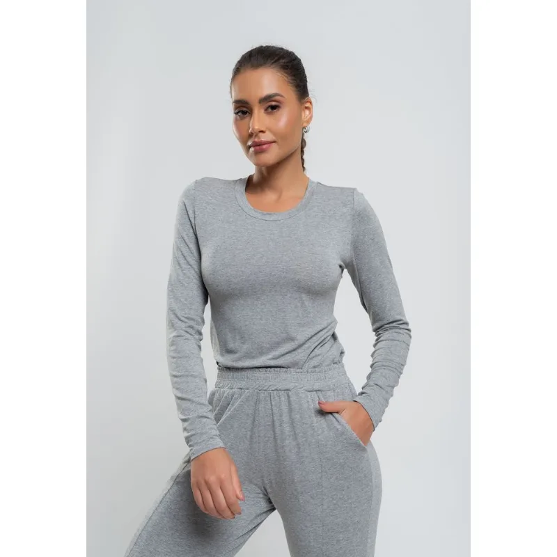 Blusa Básica Manga Longa e Gola Redonda Malha Mescla Salvatore Tamanho M