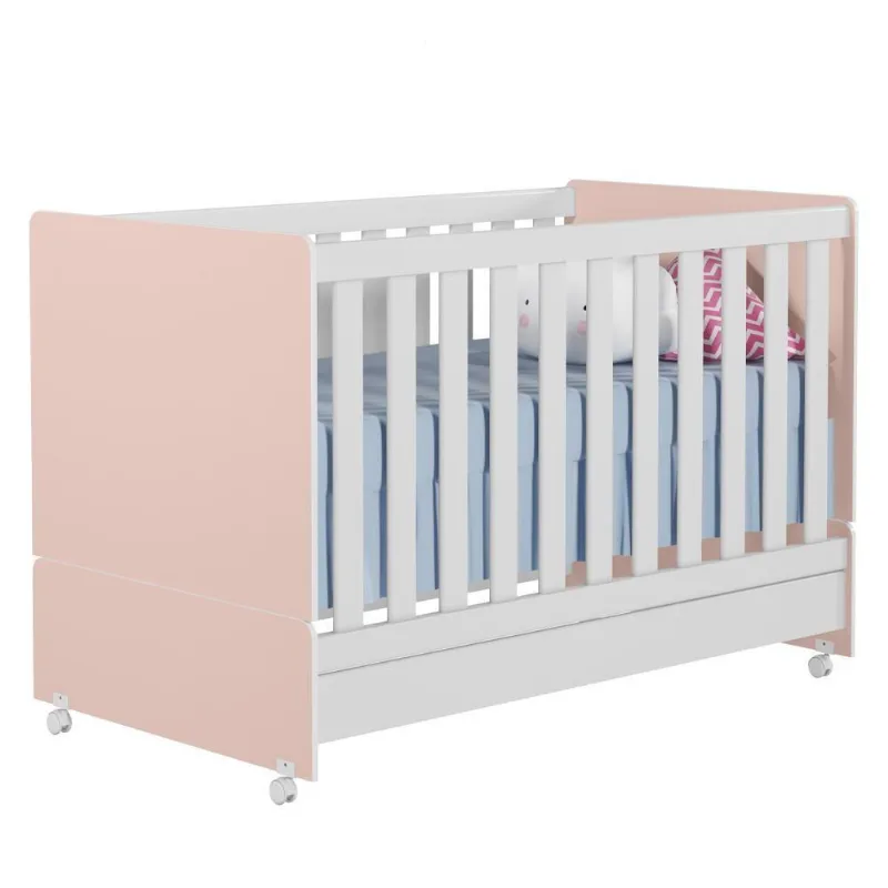 Berço Americano Mini Cama Com Rodízios Charme P14 Branco-rosa - Mpozenato
