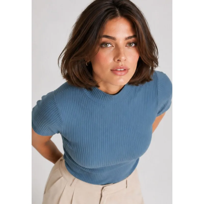 Blusa Gola Alta Malha Canelada Azul Claro Salvatore Tamanho G