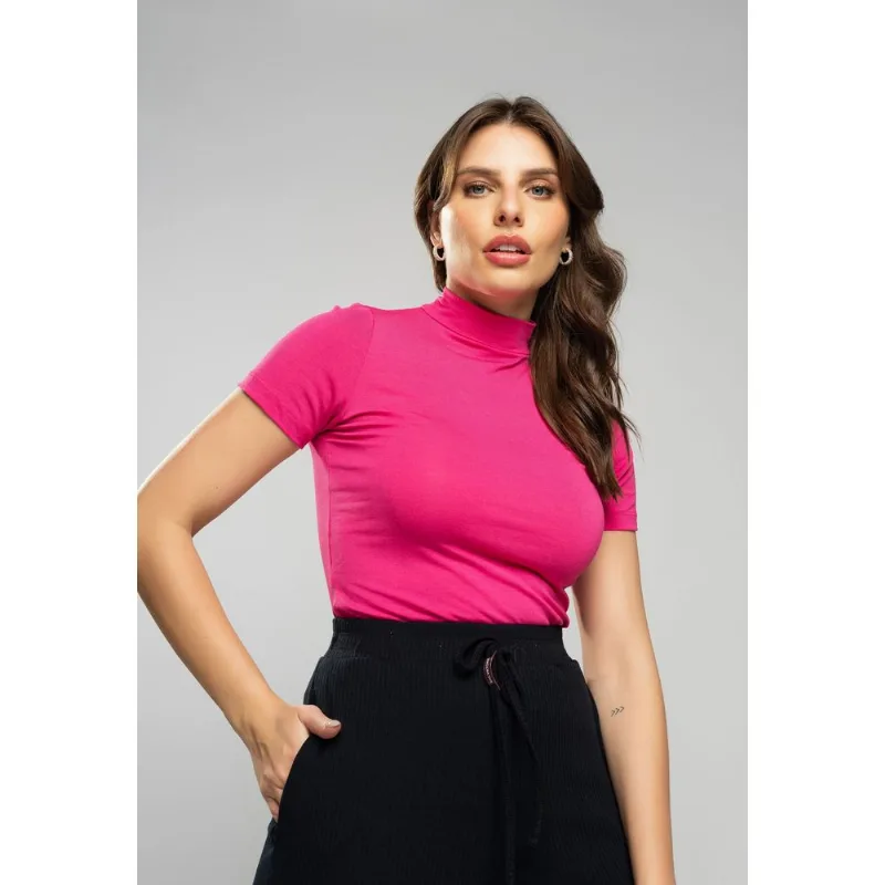 Blusa Gola Alta Manga Curta Malha Rosa Salvatore Tamanho G