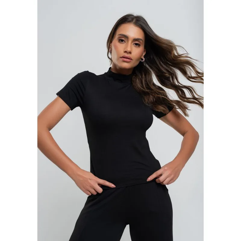 Blusa Gola Alta Manga Curta Malha Preta Salvatore Tamanho M