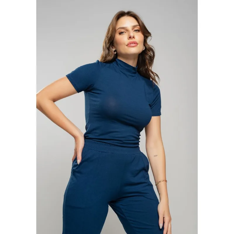 Blusa Gola Alta Manga Curta Malha Azul Salvatore Tamanho P