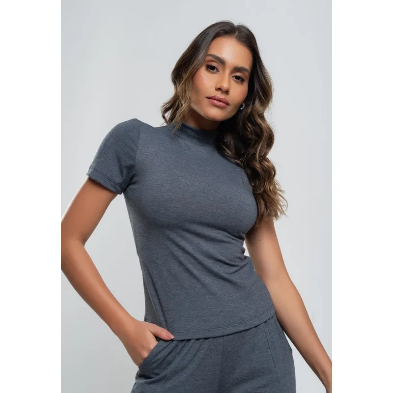 Blusa Gola Alta Manga Curta Malha Grafite Salvatore Tamanho P