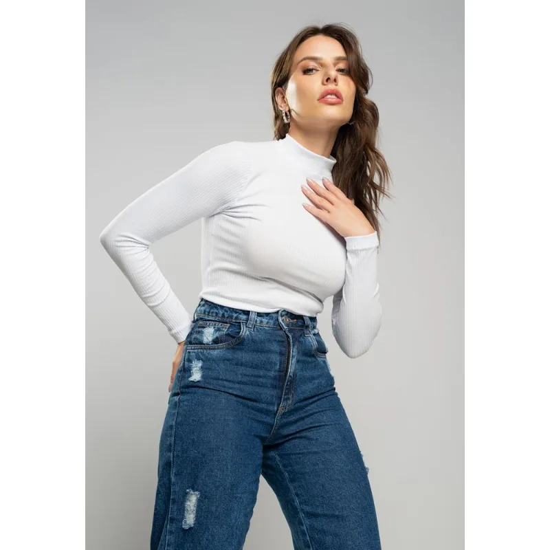 Blusa Gola Alta Manga Longa Malha Canelada Branco Salvatore Tamanho G