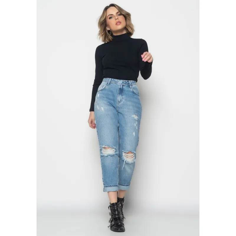 Blusa Gola Alta Manga Longa Malha Canelada Preta Salvatore Tamanho G