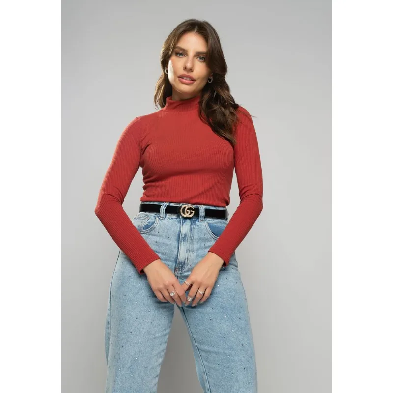 Blusa Gola Alta Manga Longa Malha Canelada Terracota Salvatore Tamanho G