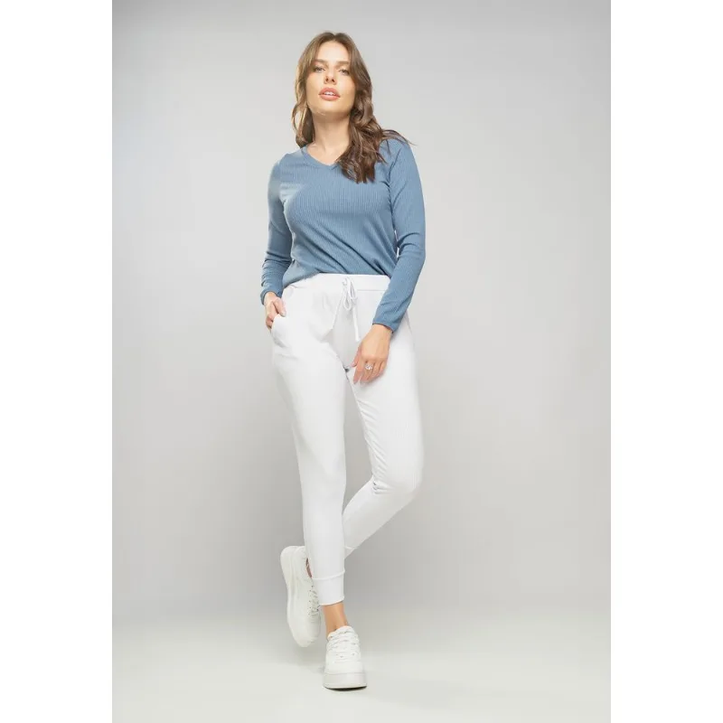 Blusa Gola V Manga Longa Canelada Azul Claro Salvatore Tamanho G