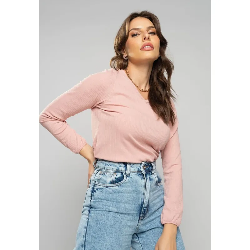 Blusa Gola V Manga Longa Canelada Rosa Claro Salvatore Tamanho P