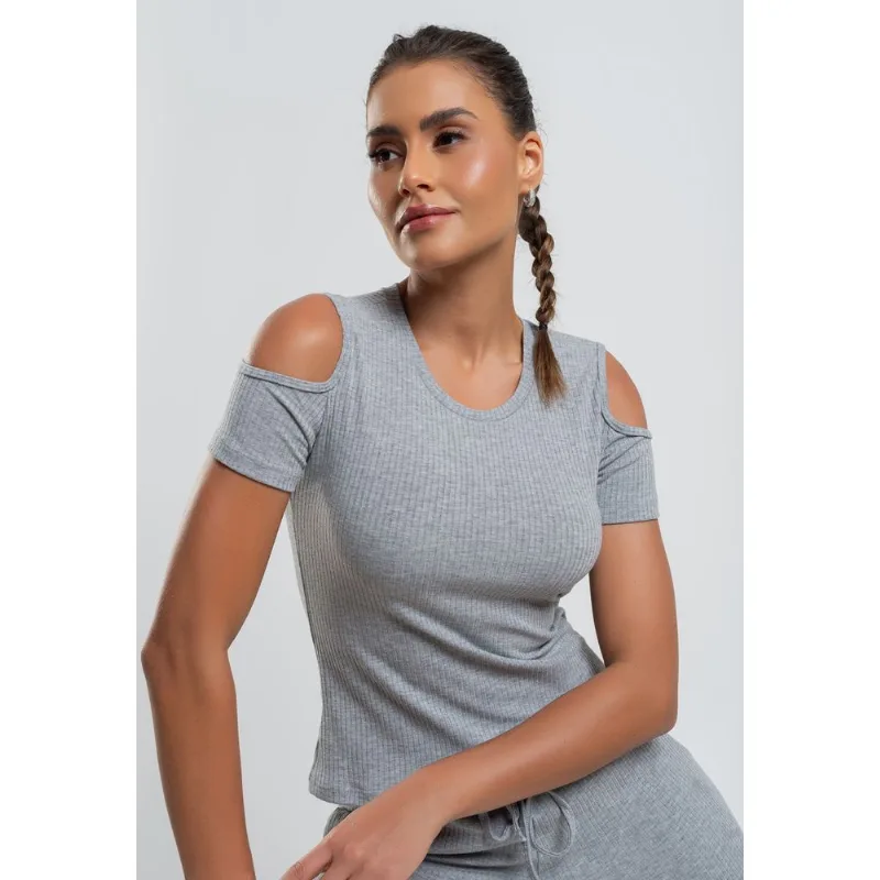 Blusa Canelada Manga Curta Ombro Vazado Mescla Salvatore Tamanho M