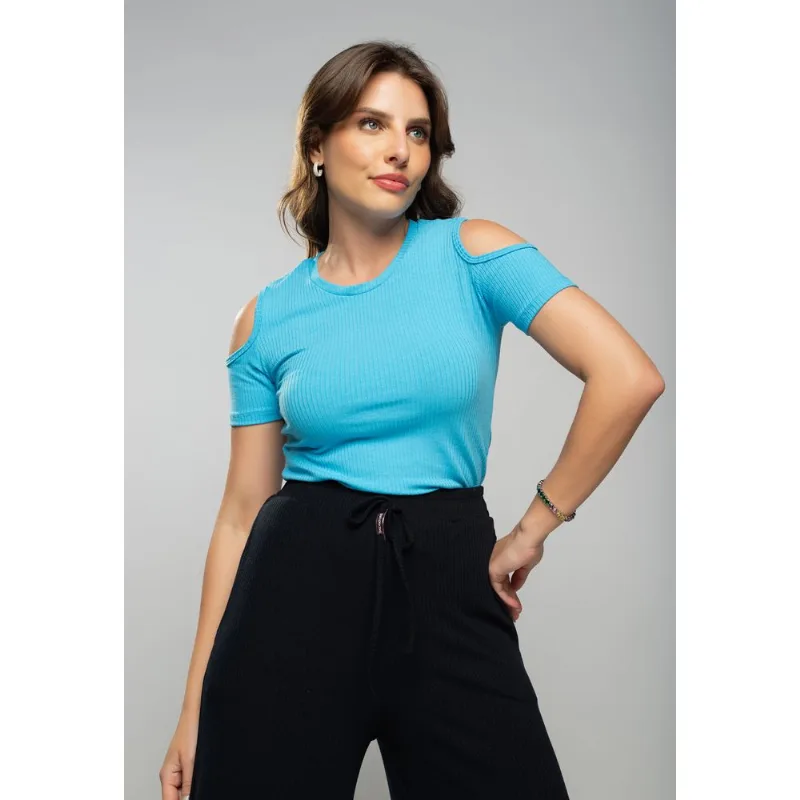 Blusa Canelada Manga Curta Ombro Vazado Azul Salvatore Tamanho P