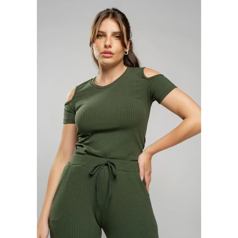 Blusa Canelada Manga Curta Ombro Vazado Verde Musgo Salvatore Tamanho P