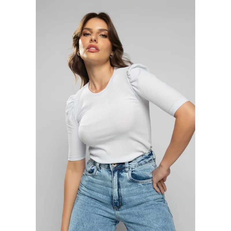 Blusa Princesa Decote Redondo Canelada Branco Salvatore Tamanho G