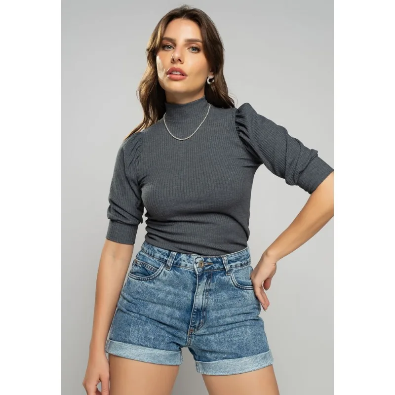 Blusa Princesa Manga Curta Canelada Grafite Salvatore Tamanho M
