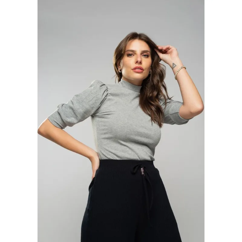 Blusa Princesa Manga Curta Canelada Mescla Salvatore Tamanho P