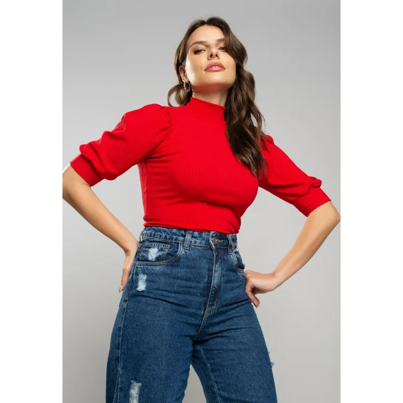 Blusa Princesa Manga Curta Canelada Vermelha Salvatore Tamanho P