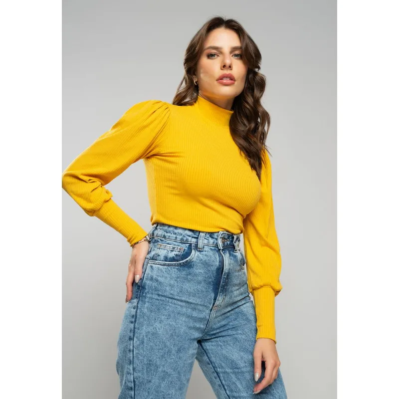 Blusa Princesa Manga Longa Canelada Mostarda Salvatore Tamanho P
