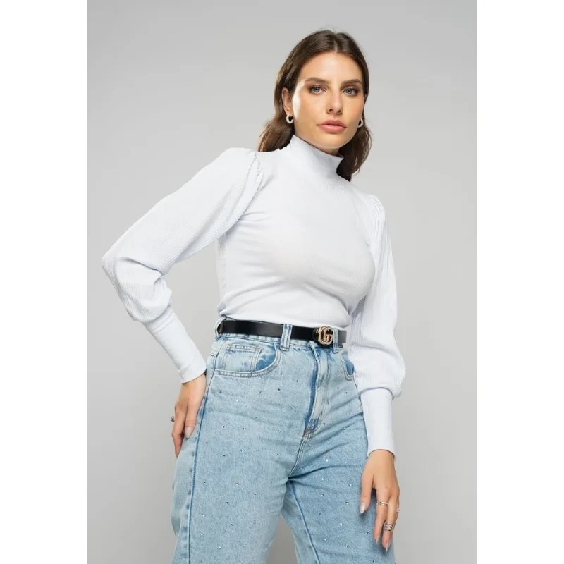 Blusa Princesa Manga Longa Canelada Branco Salvatore Tamanho P