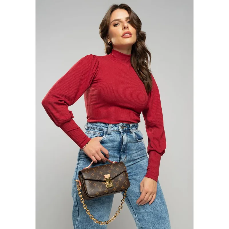 Blusa Princesa Manga Longa Canelada Vermelho Salvatore Tamanho P