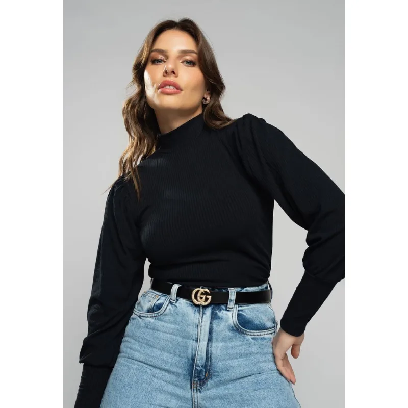 Blusa Princesa Manga Longa Canelada Preta Salvatore Tamanho G