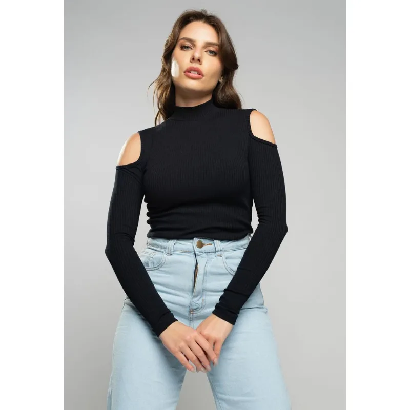 Blusa Ombro Vazado Manga Longa Canelada Preta Salvatore Tamanho G