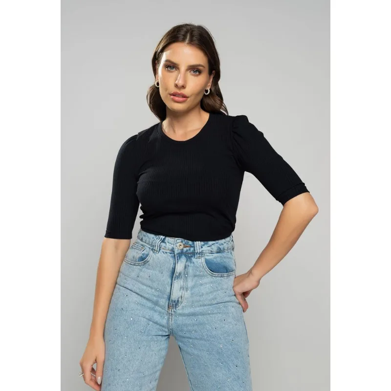 Blusa Princesa Decote Redondo Canelada Preta Salvatore Tamanho G
