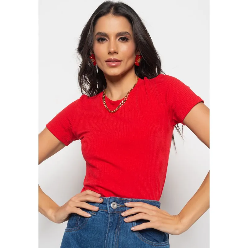 Blusa Básica Manga Curta Malha Canelada Vermelho Salvatore Tamanho P