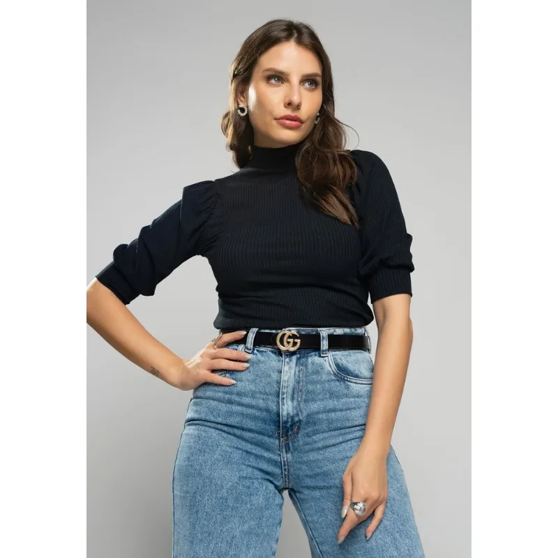 Blusa Princesa Manga Curta Canelada Preta Salvatore Tamanho P