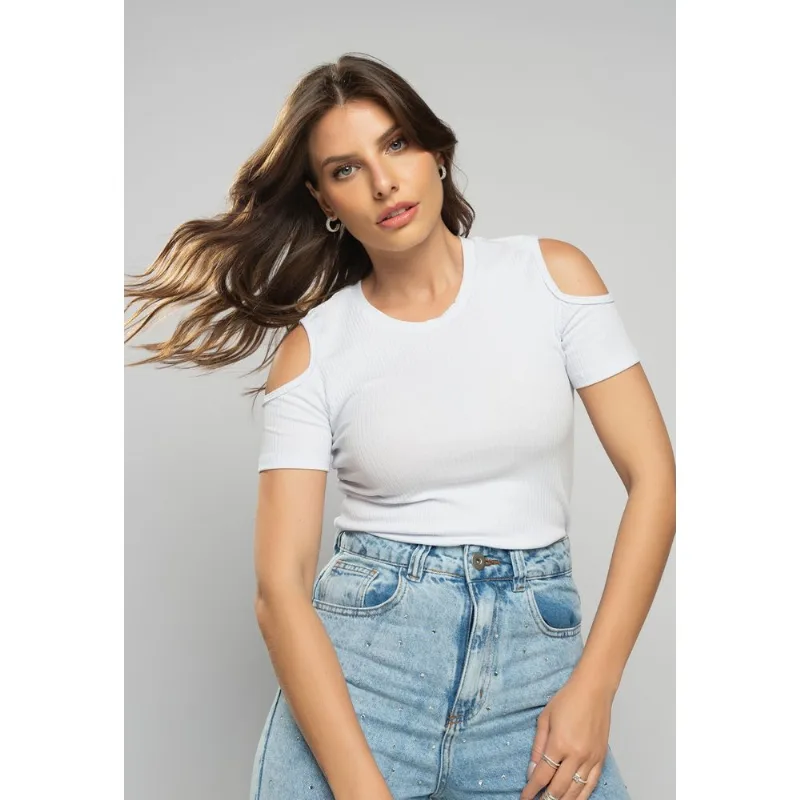 Blusa Canelada Manga Curta Ombro Vazado Branco Salvatore Tamanho G