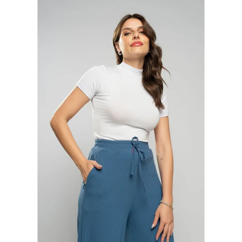 Blusa Gola Alta Manga Curta Malha Branco Salvatore Tamanho P