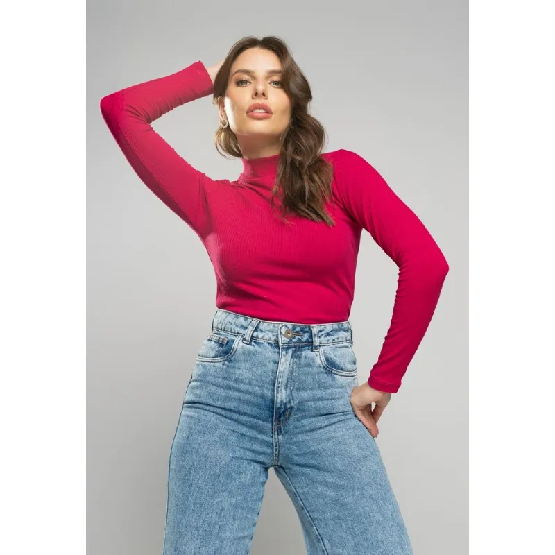 Blusa Gola Alta Manga Longa Malha Canelada Rosa Salvatore Tamanho M