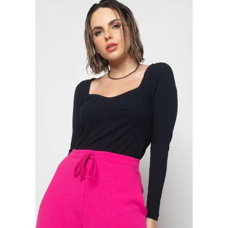 Blusa Princesa Decote Coração Malha Canelada Preta Salvatore Tamanho M