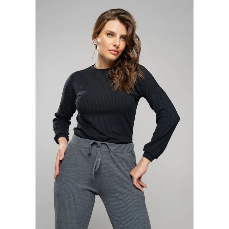 Blusa Morcego Gola Canoa Manga Longa Canelada Preta Salvatore Tamanho P