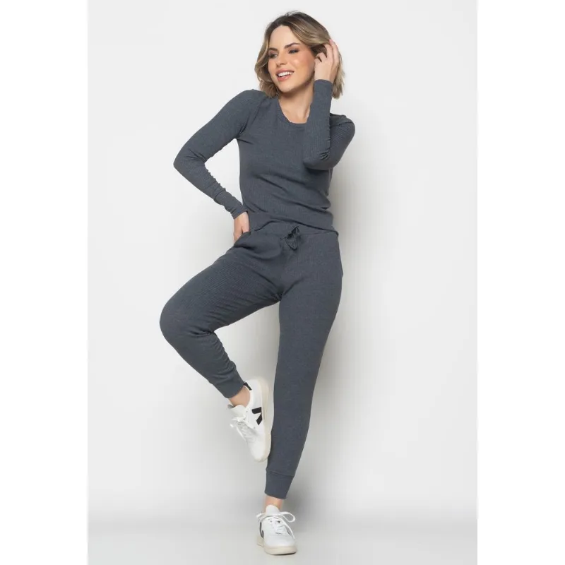 Blusa Básica Manga Longa e Gola Redonda Canelada Grafite Salvatore Tamanho P