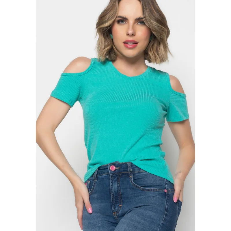 Blusa Canelada Manga Curta Ombro Vazado Verde Salvatore Tamanho G